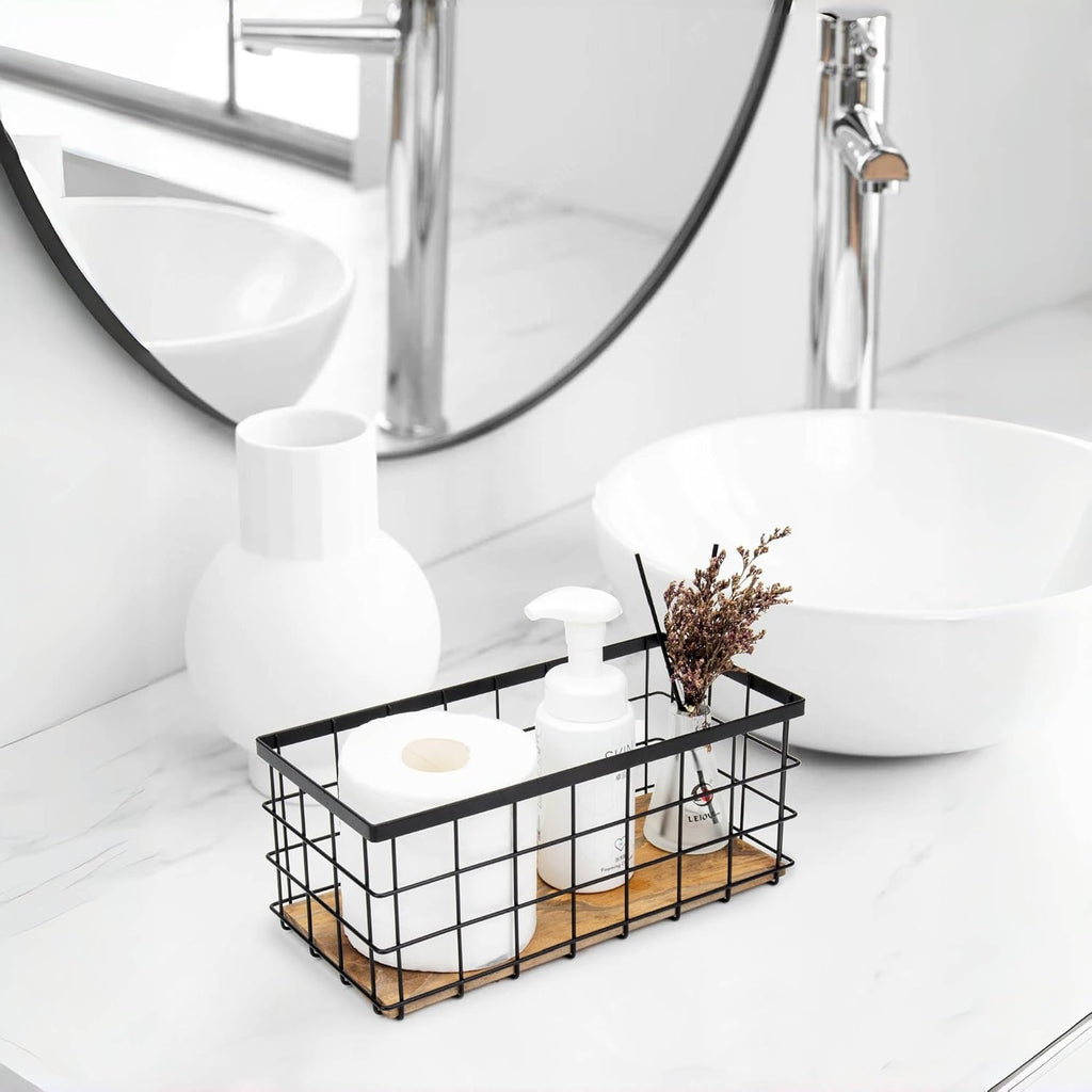 TIEYIPIN Black Metal Wire Storage Baskets with Wood Bottoms, Bathroom Storage Organizer Basket Bins, Set of 2 - Includes 2 Bonus Adhesive Hooks for Easy Wall Mounting