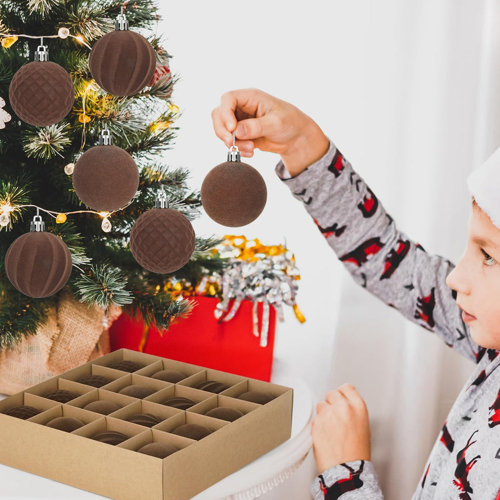 Artmag 16 Pcs Velvet Christmas Balls Hanging Ornaments Set, Shatterproof Plastic Flocked Christmas Tree Balls Xmas Decorations Festival Holiday Party Decor (Brown,2.36 Inch)