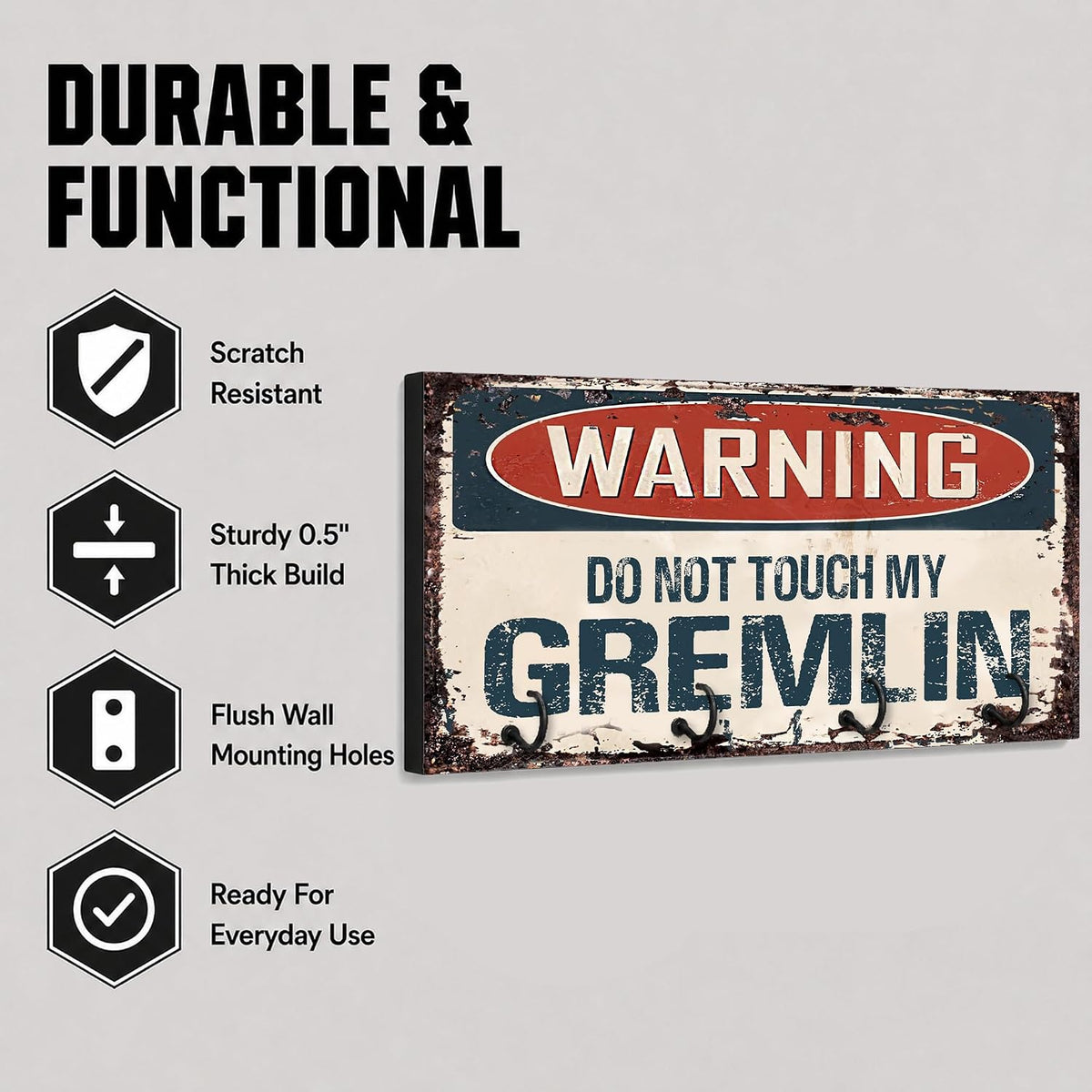 Compatible with AMC Gremlin Warning Do Not Touch My Gremlin Rusty Grunge Old Antique Design Key Hanger Organizer Wall Mount Rack For Holders the Home Keys Ring Decorative Hangers Decor Hook Holder