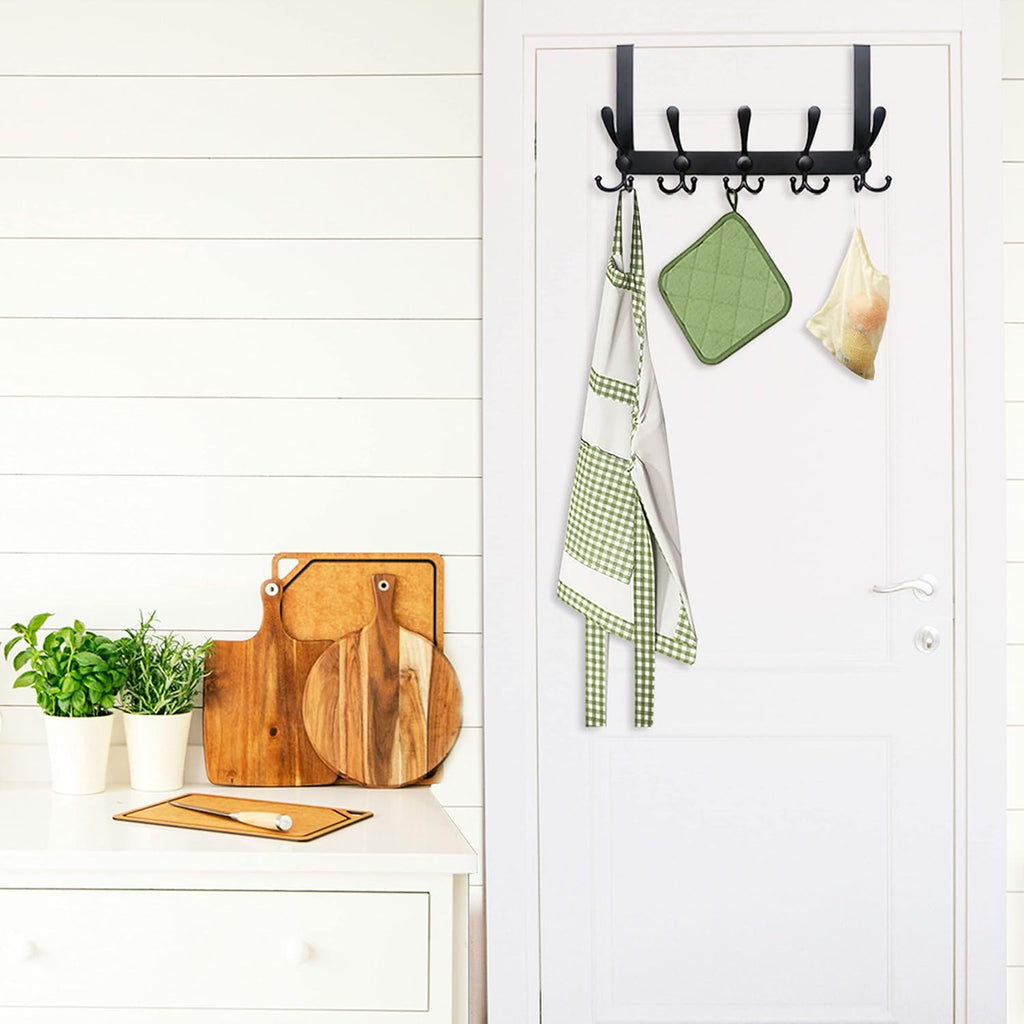 WEBI Over The Door Hook,Door Hanger Hook Rack with 5 Tri Hooks for Hanging Coats,Over Door Towel Rack Door Coat Towel Hanger Door Coat Rack for Bathroom,Behind Back of Door,Black