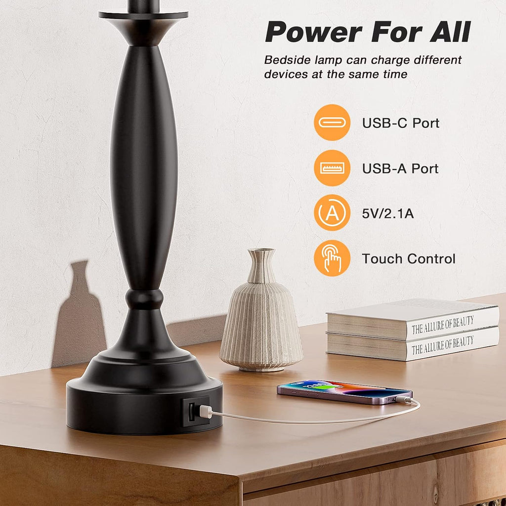Seealle Bedroom Lamps for Nightstand, Black Bedside Lamps with USB