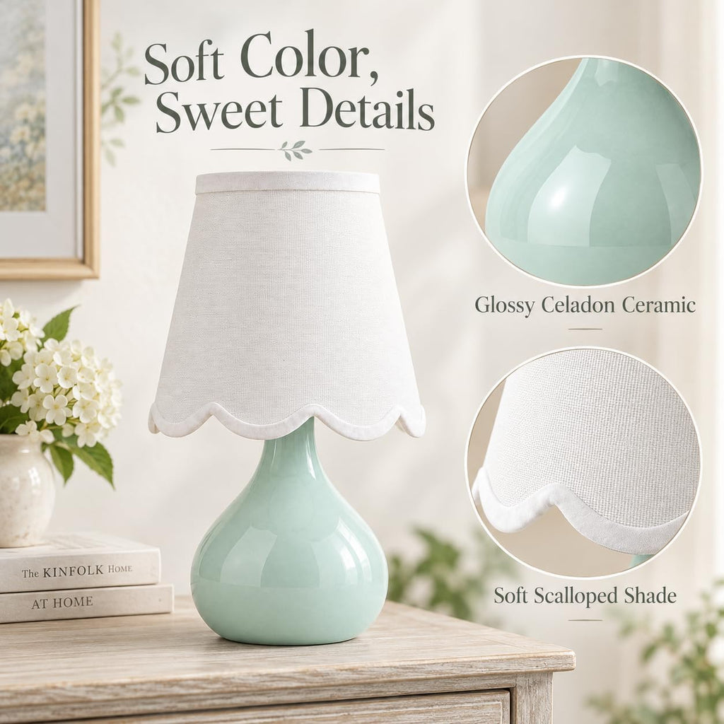 14 Inch Cordless Ceramic Table Lamp with Scalloped Shade, Celadon Green