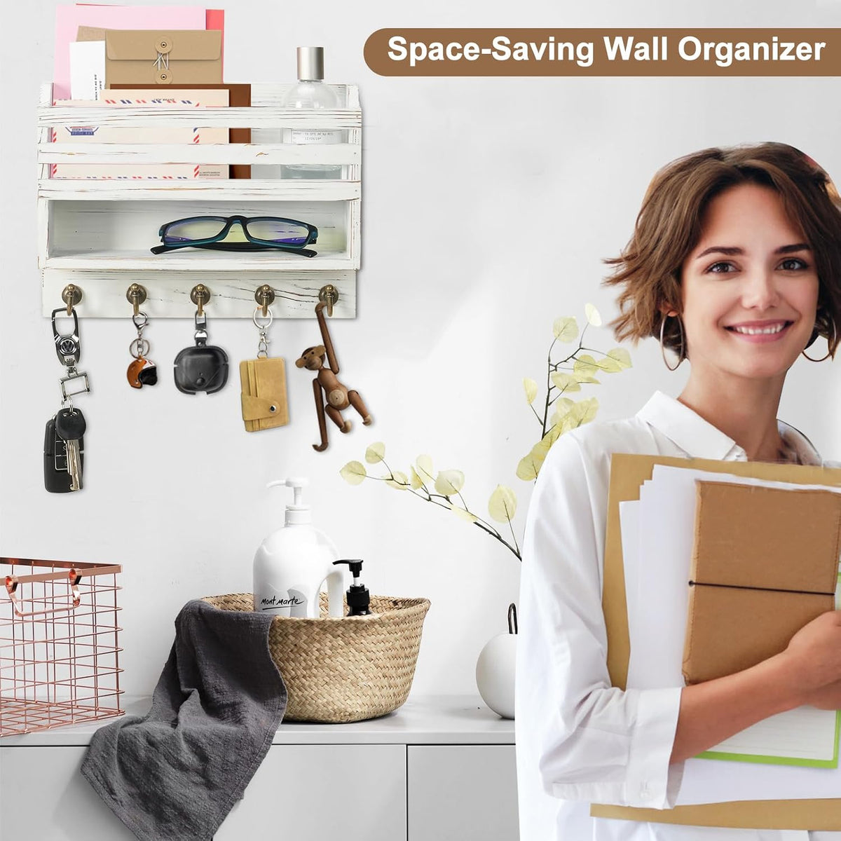Key Holder Wall Mount with Mail Organizer, 5 Key Hooks, White