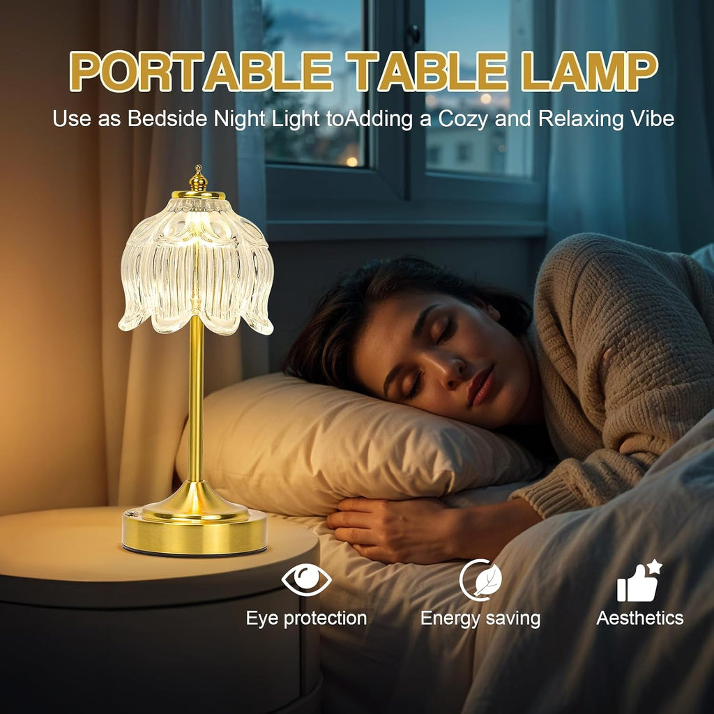 Cordless Table Lamp, Rechargeable Clear Glass Lotus Flower Lamp
