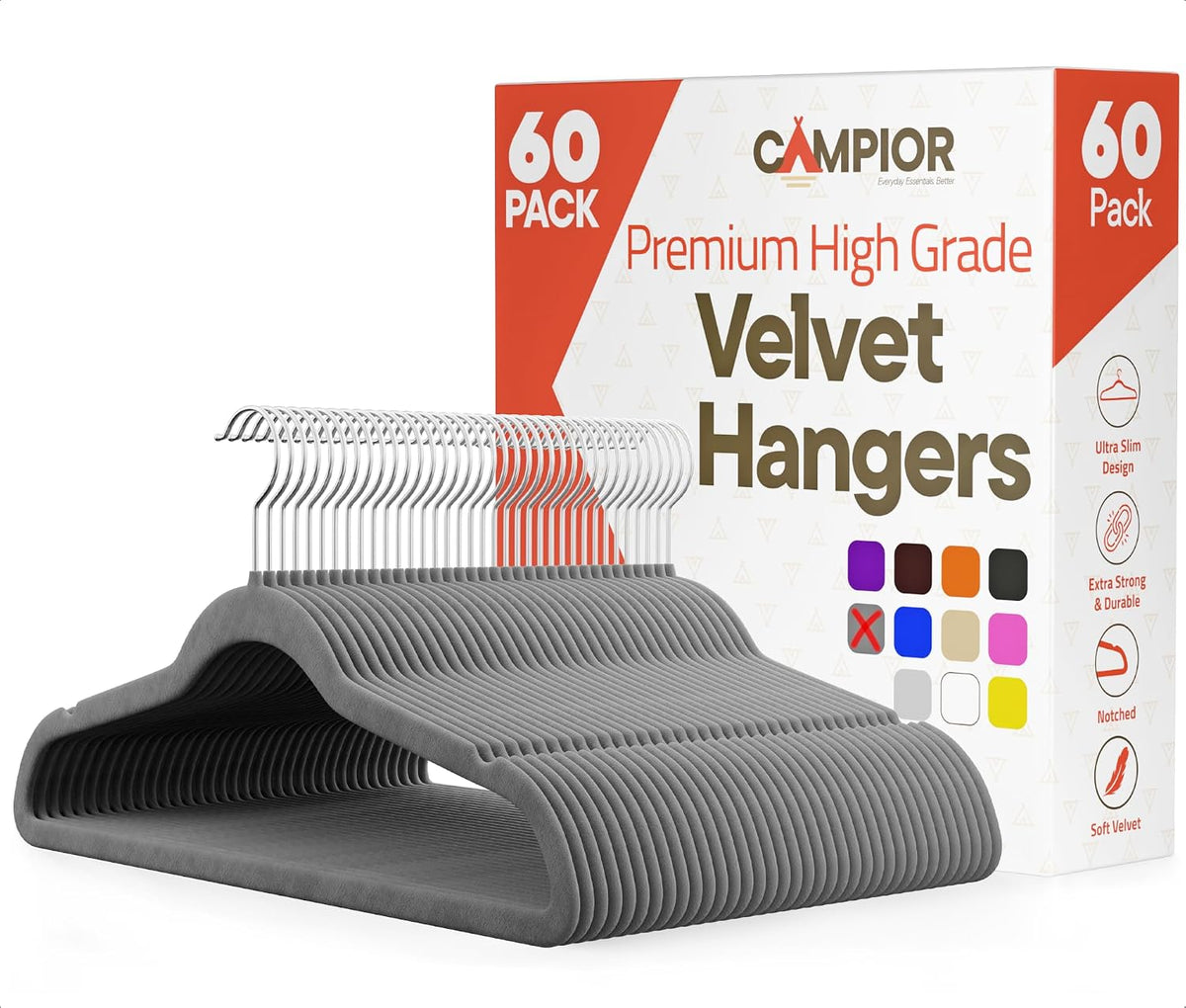 Gray Velvet Hangers 60 Pack – 360° Swivel Hook, Non-Slip and Space Saving Hangers, Heavy-Duty 11 lbs Weight Capacity - Smooth Velvet Finish for Crease-Free Clothes and Effortless Closet Organization