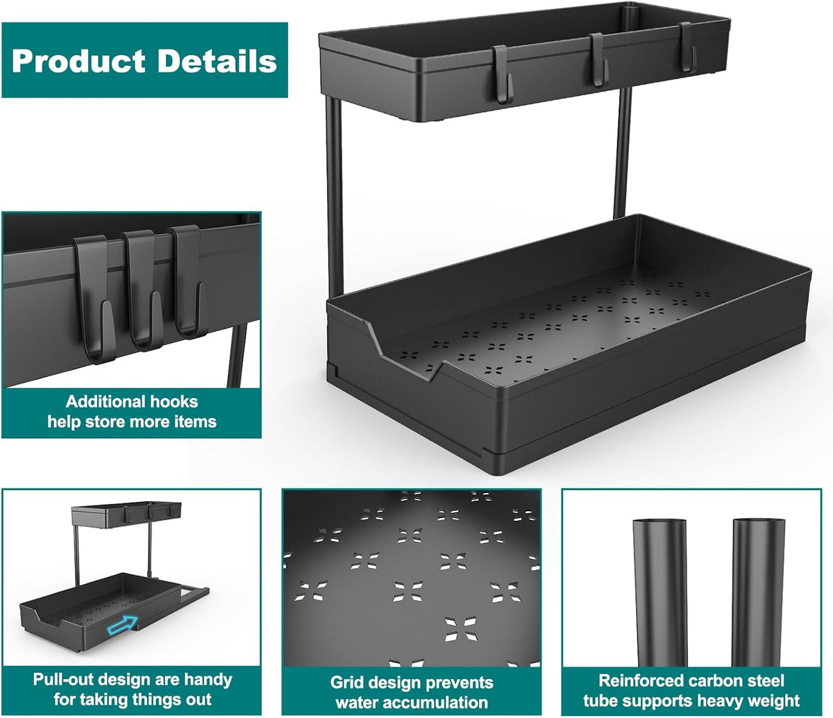 NATURE'S SOURCE 2 Pack Under Sink Organizer 2 Tier Sliding Cabinet Organizers Multi-Purpose Sink Storage Basket L-Shape Narrow Space Storage Shelves with 4 Hook for Kitchen Bathroom Drawer, Black