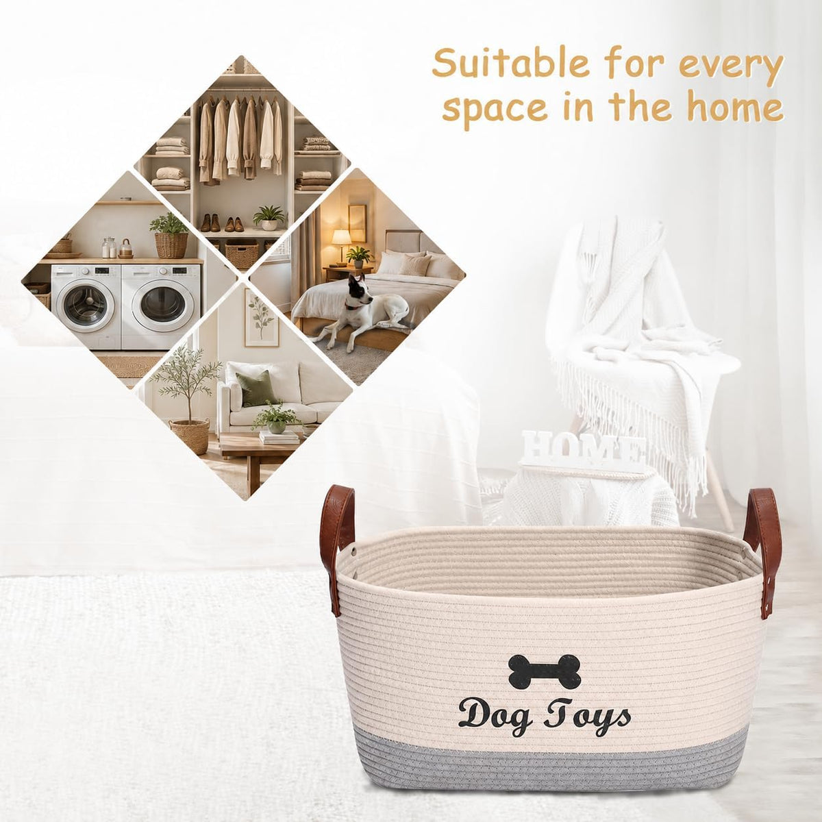 Large Dog Toy Basket, 100% Cotton Rope Dog Toy Storage Bin-Beige