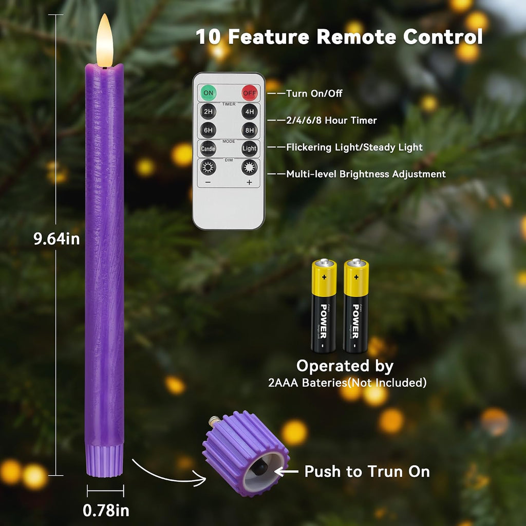 Purple LED Flameless Taper Candles, 6 Pack Real Wax Flickering Candlesticks with 10-Key Remote, Battery Operated Tall Taper Candles for Home, Wedding, and Party Decor