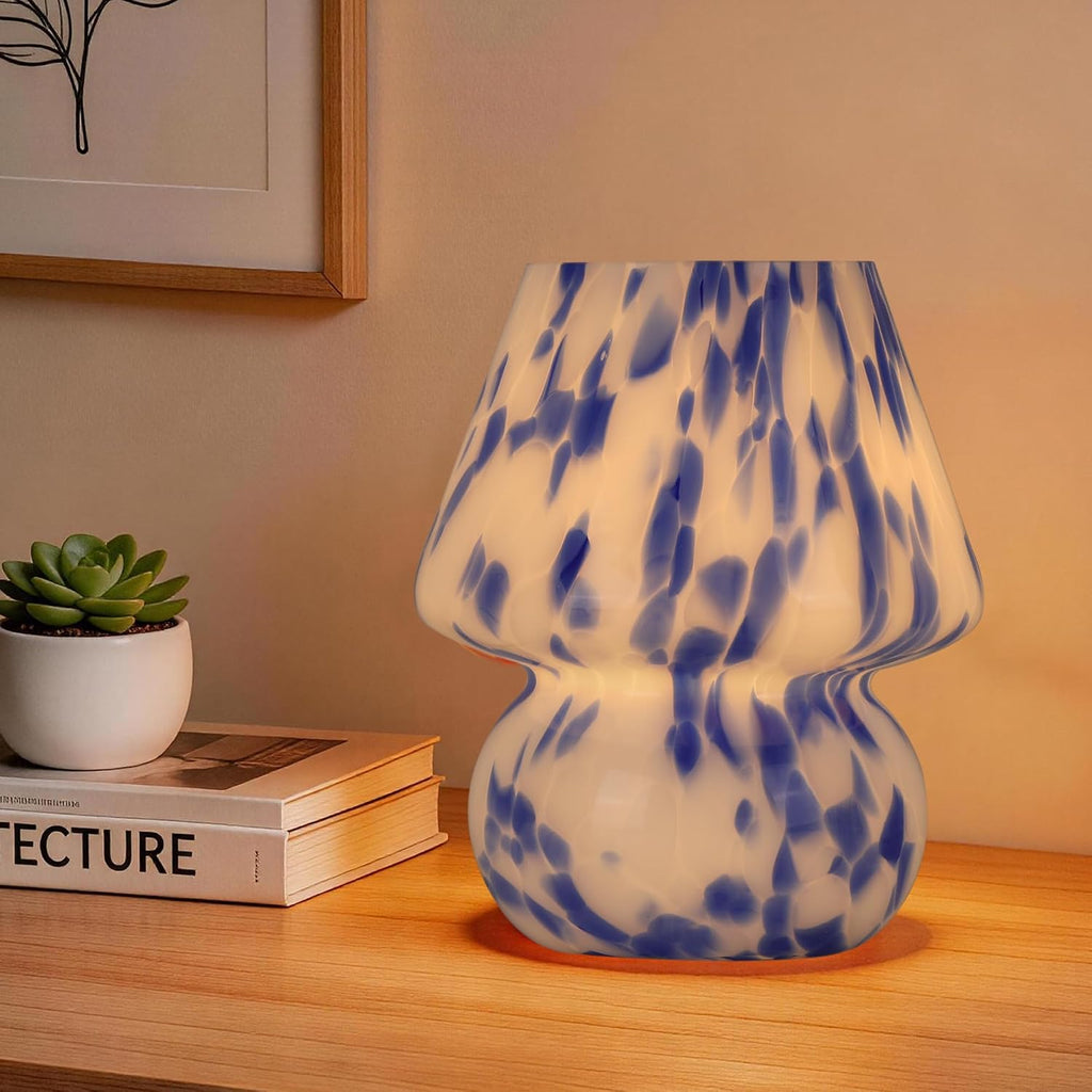 Mushroom Lamp Small Glass Table Lamp, Bedside Nightstand Lamp, Cute Desk Lamp for Bedroom, Dorm, Living Room & Kitchen, Classic Vintage Home Decor Lamp (2, Blue&White)