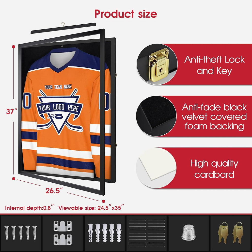 1DOT2 26x37 XL Large Jersey Frame Display Case with Pine Wood, Lockable