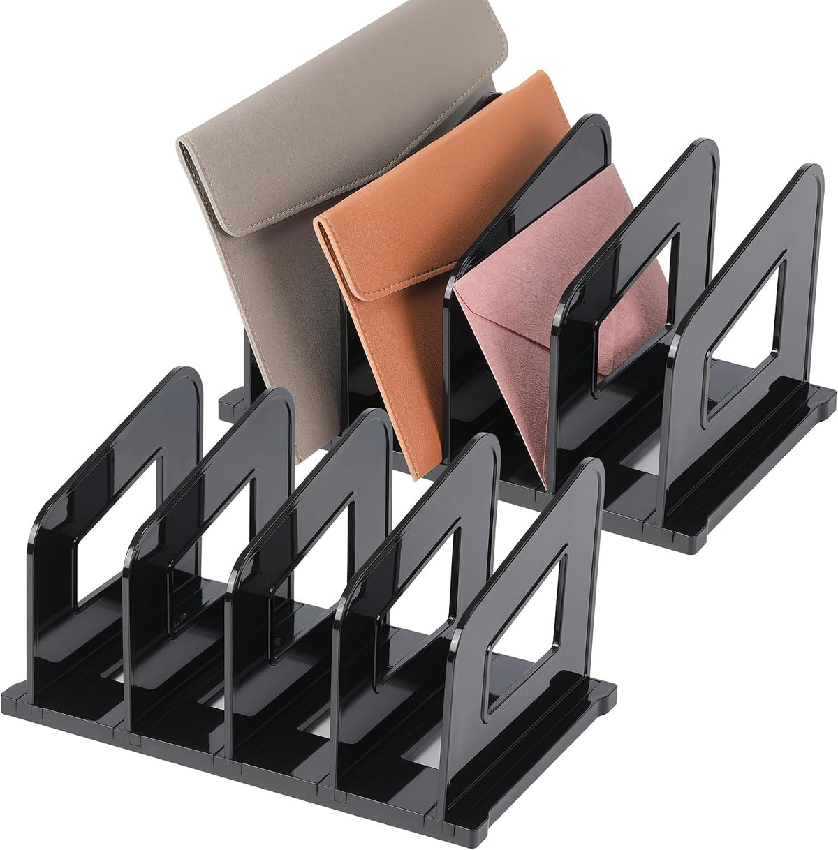 LALOBLUE File Organizer, Acrylic Folder Organizer File Sorter, Plastic Vertical Dividers for Magazine Mail Letter Paper, Desktop Organizers for Office, Classroom & Home(4 Sections, 2 Pack), Black