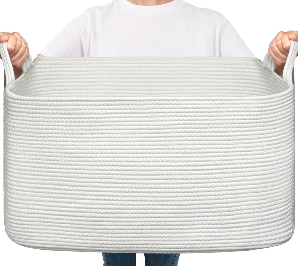 Goodpick Large Woven Rope Blanket Basket, Rectangle, White, 75L
