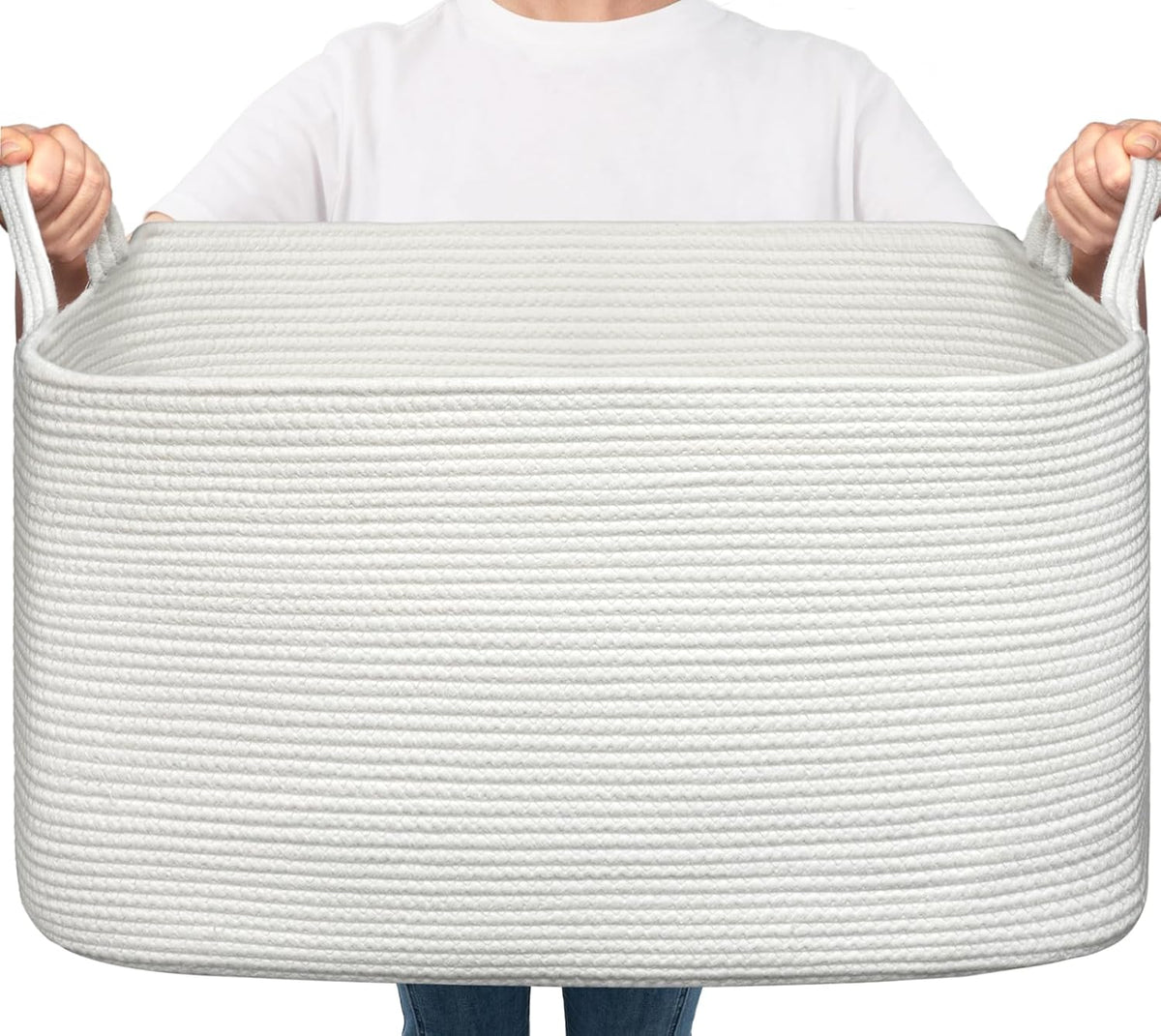 Goodpick Large Woven Rope Blanket Basket, Rectangle, White, 75L