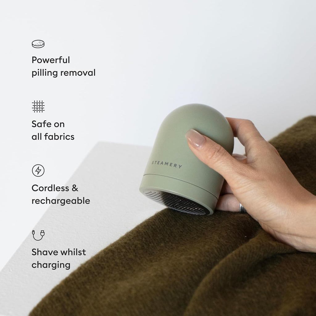 Steamery Pilo Icon Fabric Shaver for Clothes, Rechargeable Lint Remover & Sweater Shaver with USB-C, Replaceable Battery, Dual Mesh Covers, Large Shaving Surface, Scandinavian Design