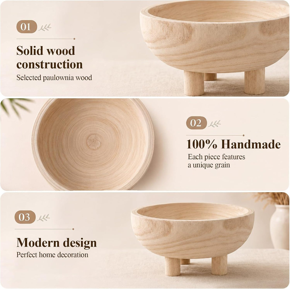 Natural Wooden Fruit Bowl with 4 Legs for Kitchen Counter
