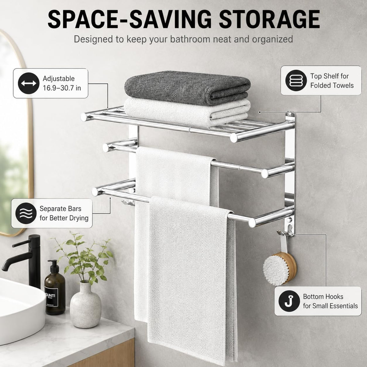 Adjustable Towel Rack for Bathroom Wall Mount 17-30.7inch