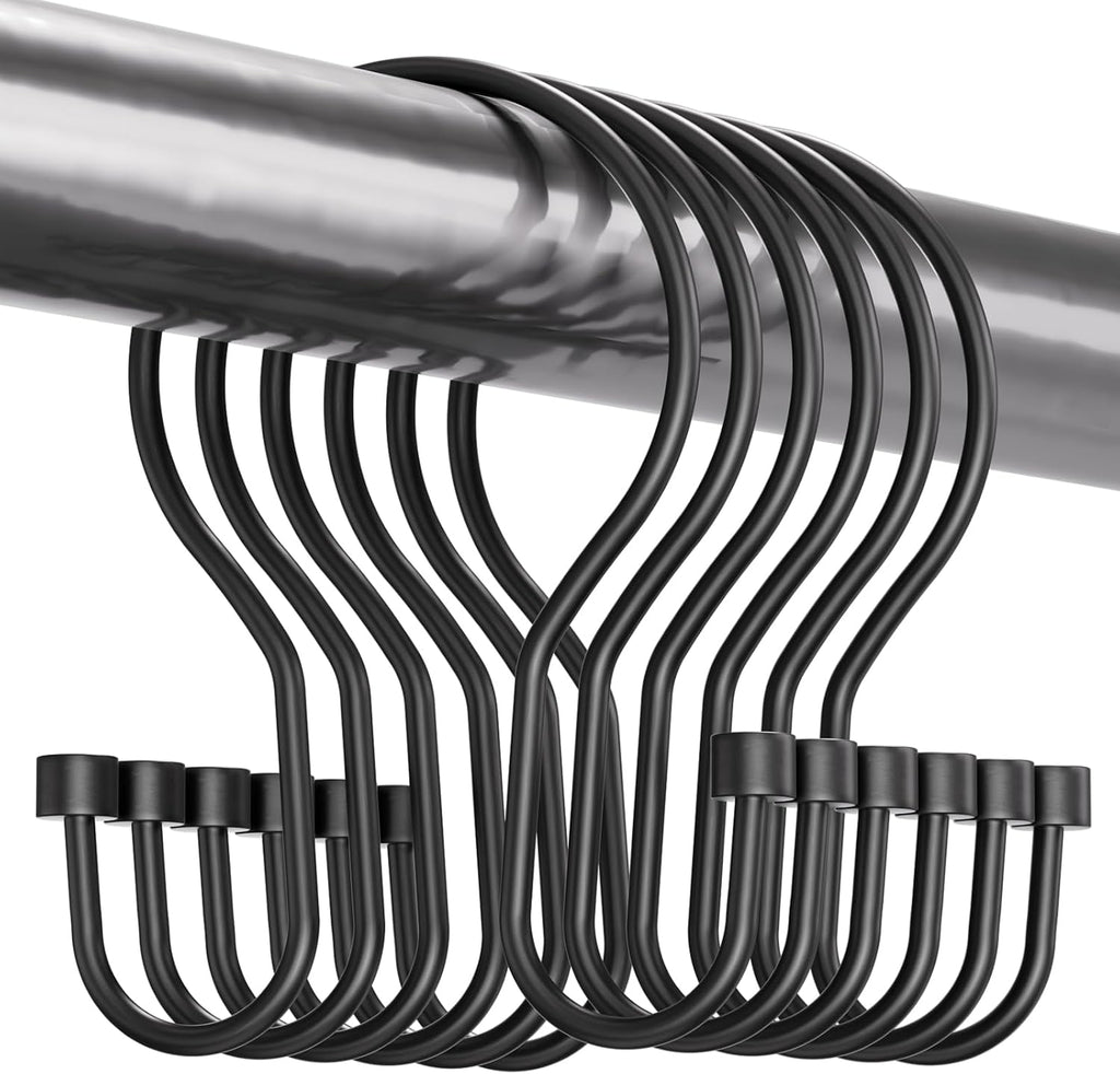 Bathway Shower Curtain Hooks Black Shower Curtain Rings, Shower Curtain Hangers Sturdy Double Hook Shower Curtain Hooks Rust Proof, Smooth Metal Shower Hooks for Shower Curtain, 12Pcs Shower Rod Hooks