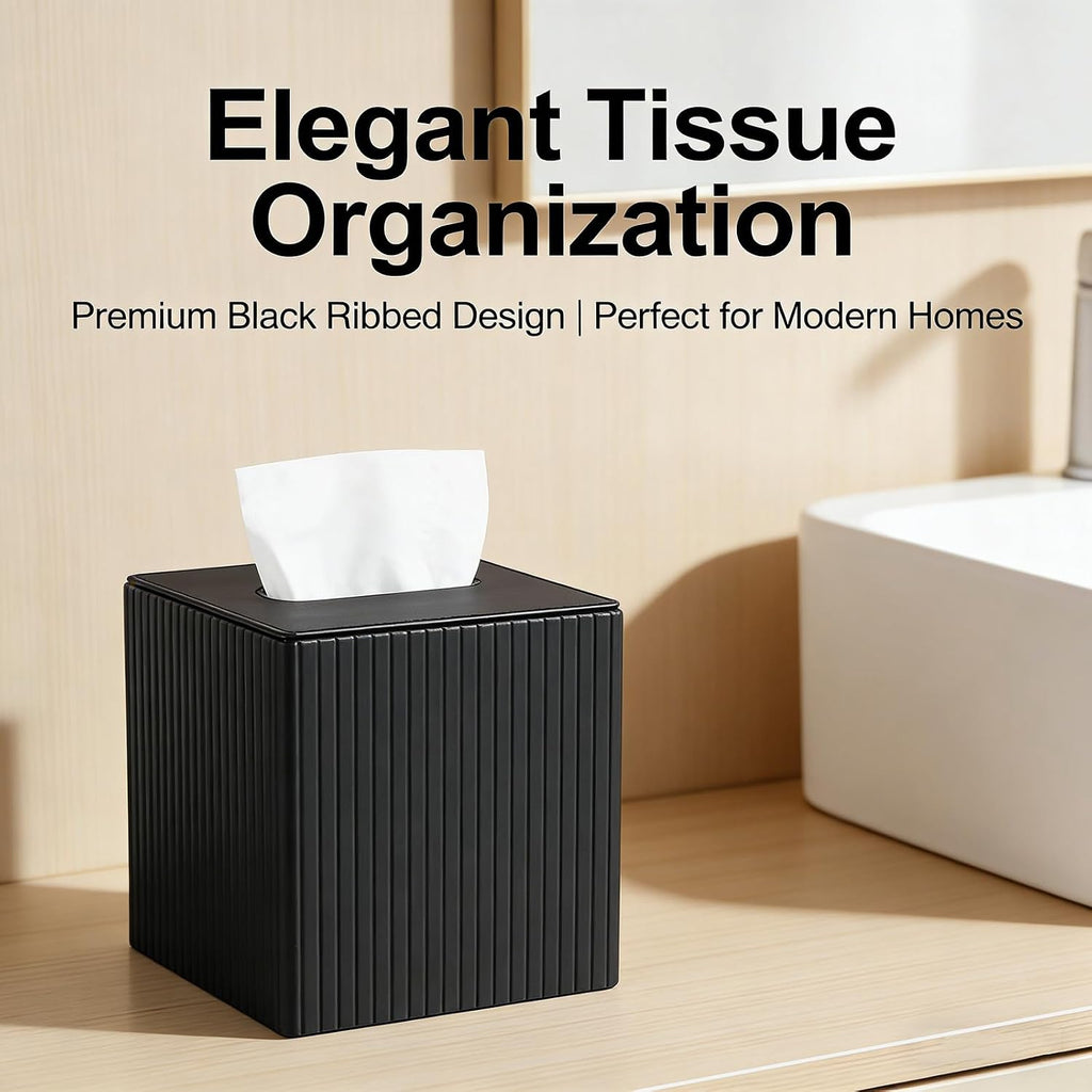 Square PU Leather Tissue Box Cover Holder with Magnetic Bottom Modern Cube Fits for Vanity, Bathroom, Bedroom, Living Room, Office,Nightstand(Black Stripe)