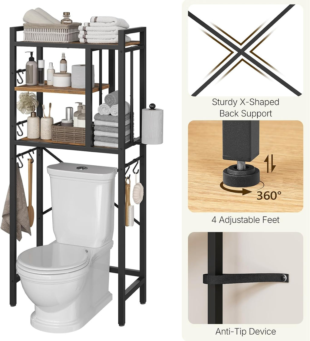 YATINEY Over The Toilet Storage Rack, 3-Tier Bathroom Organizer Shelf, Above Toilet Storage with Paper Holder 8 Hooks, Over The Toilet Storage Cabinet for Bathroom, Rustic Brown and Black TR06BR