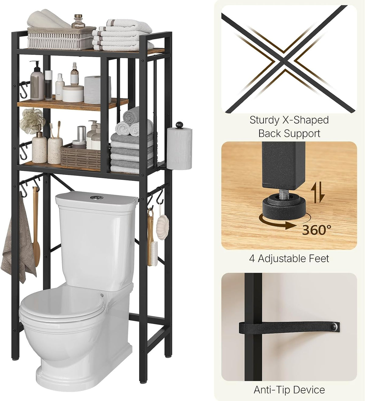 YATINEY Over The Toilet Storage Rack, 3-Tier Bathroom Organizer Shelf, Above Toilet Storage with Paper Holder 8 Hooks, Over The Toilet Storage Cabinet for Bathroom, Rustic Brown and Black TR06BR