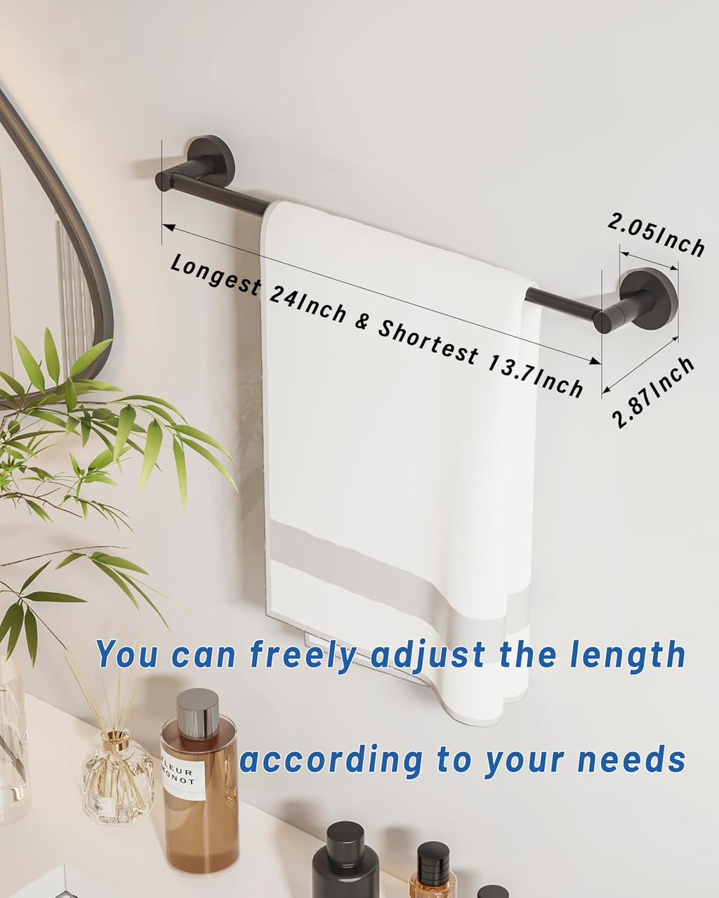 Adjustable Towel Bar, Bathroom Towel Holder from 13.7 to 24Inch, SUS304 Stainless Steel Single Towel Racks for Bathroom, Heavy Duty Wall Mounted (Matte Black)