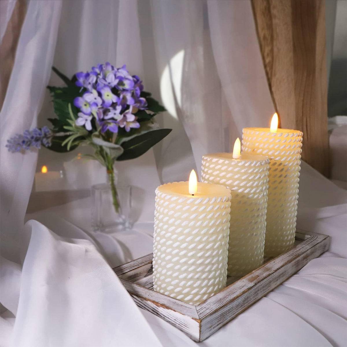 Crystal Club White Flameless Candles, Corded Pattern Carving Design