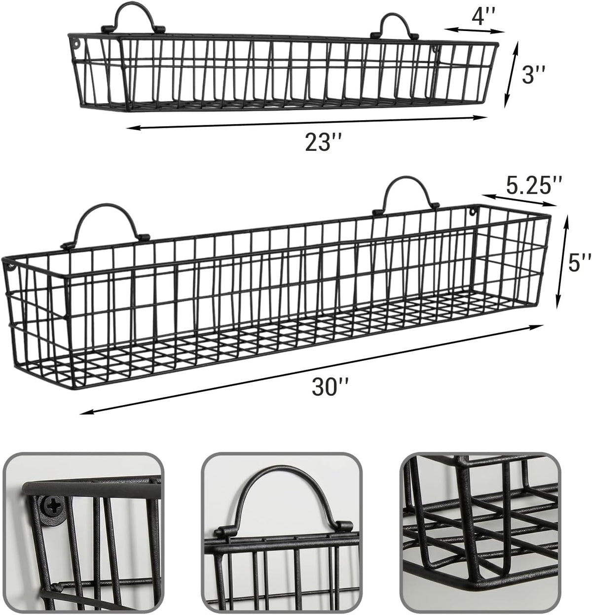 MyGift 2pcs 30-Inch Wire Baskets for Storage and Organization, Rustic Black Wall Mounted Metal Display Racks