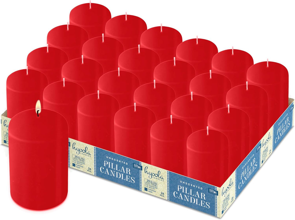 HYOOLA Red Pillar Candles 2-inch x 4-inch - 24 Pack Unscented Bulk Pillar Candles - European Made