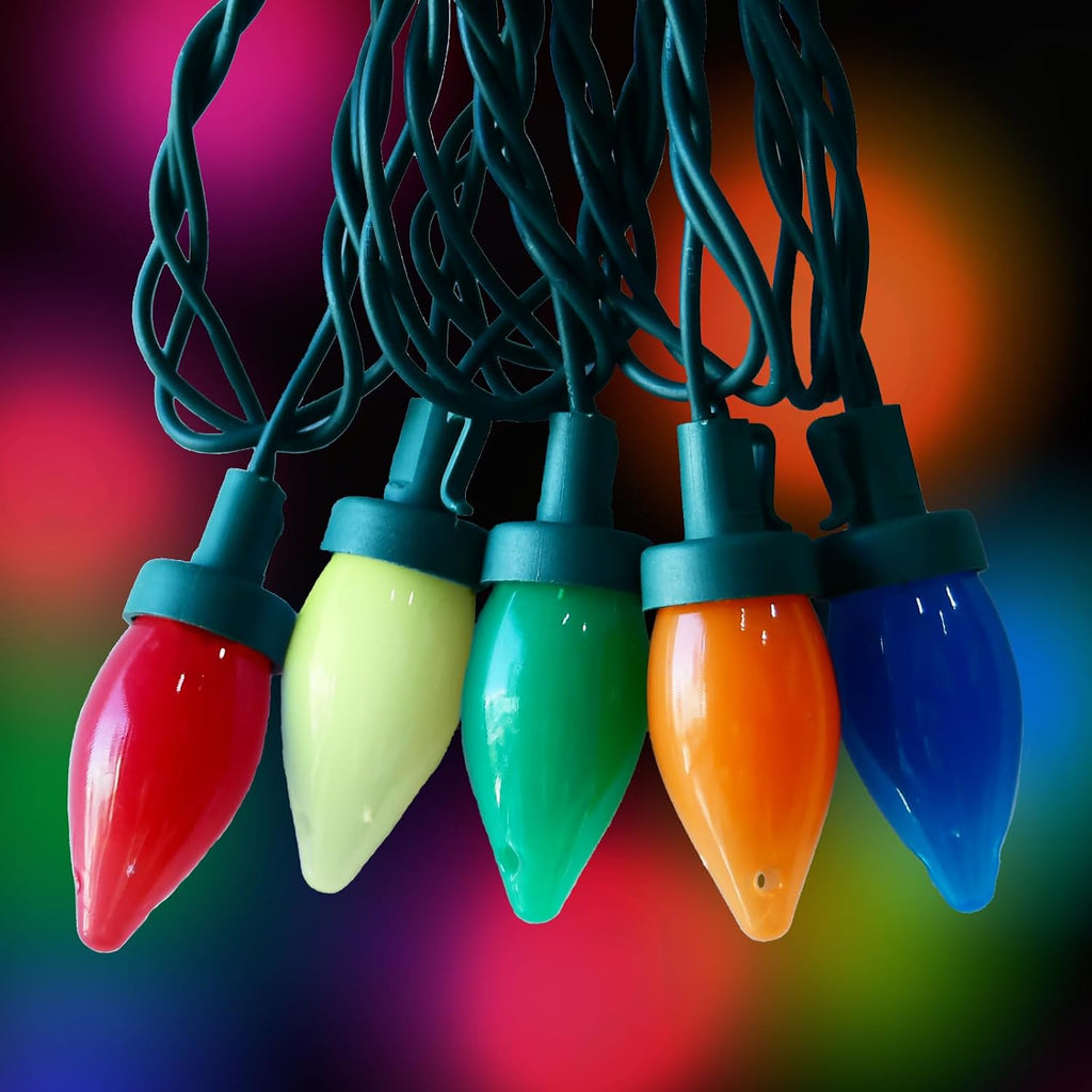 SUNSGNE C7 LED Christmas Colorful String Lights - 26FT Colored Christmas Tree Lights with 50 Multicolor LED Bulbs for Holiday Party Roofline Backyard Garden Patio - Green Wire