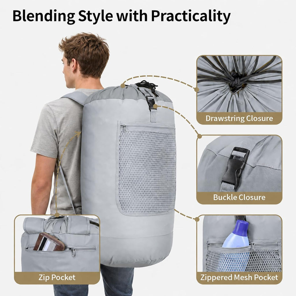 F-color Laundry Backpack for College, 75L Laundry Bag, Light Gray