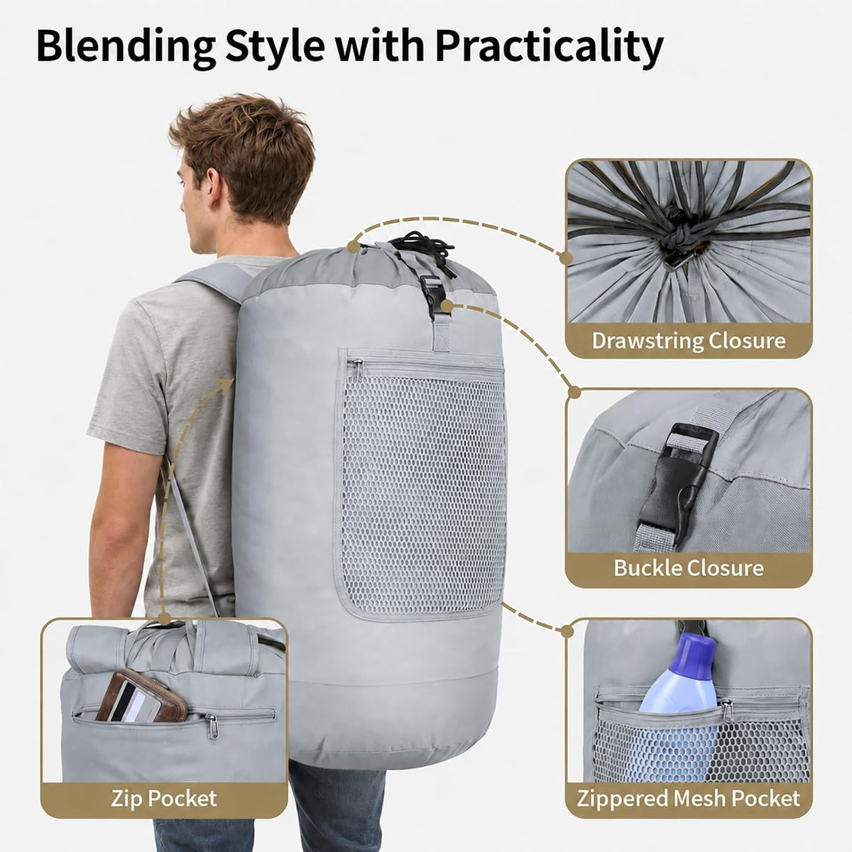 F-color Laundry Backpack for College, 75L Laundry Bag, Light Gray