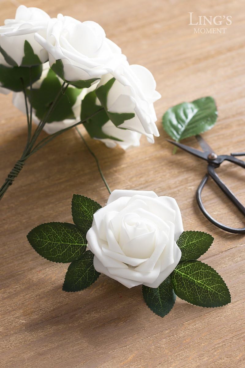 Ling's moment Artificial Flowers 50Pcs White Roses Decor w/Stems