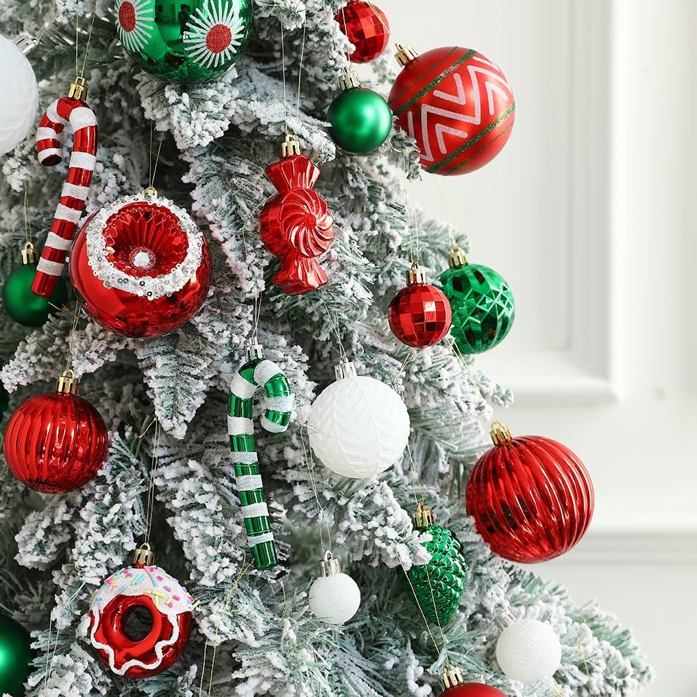 Christmas Tree Ornaments, 56PCS Red White Green Christmas Ornaments Shatterproof Multi Colored Plastic Hanging Balls for Xmas Decoration Holiday Party