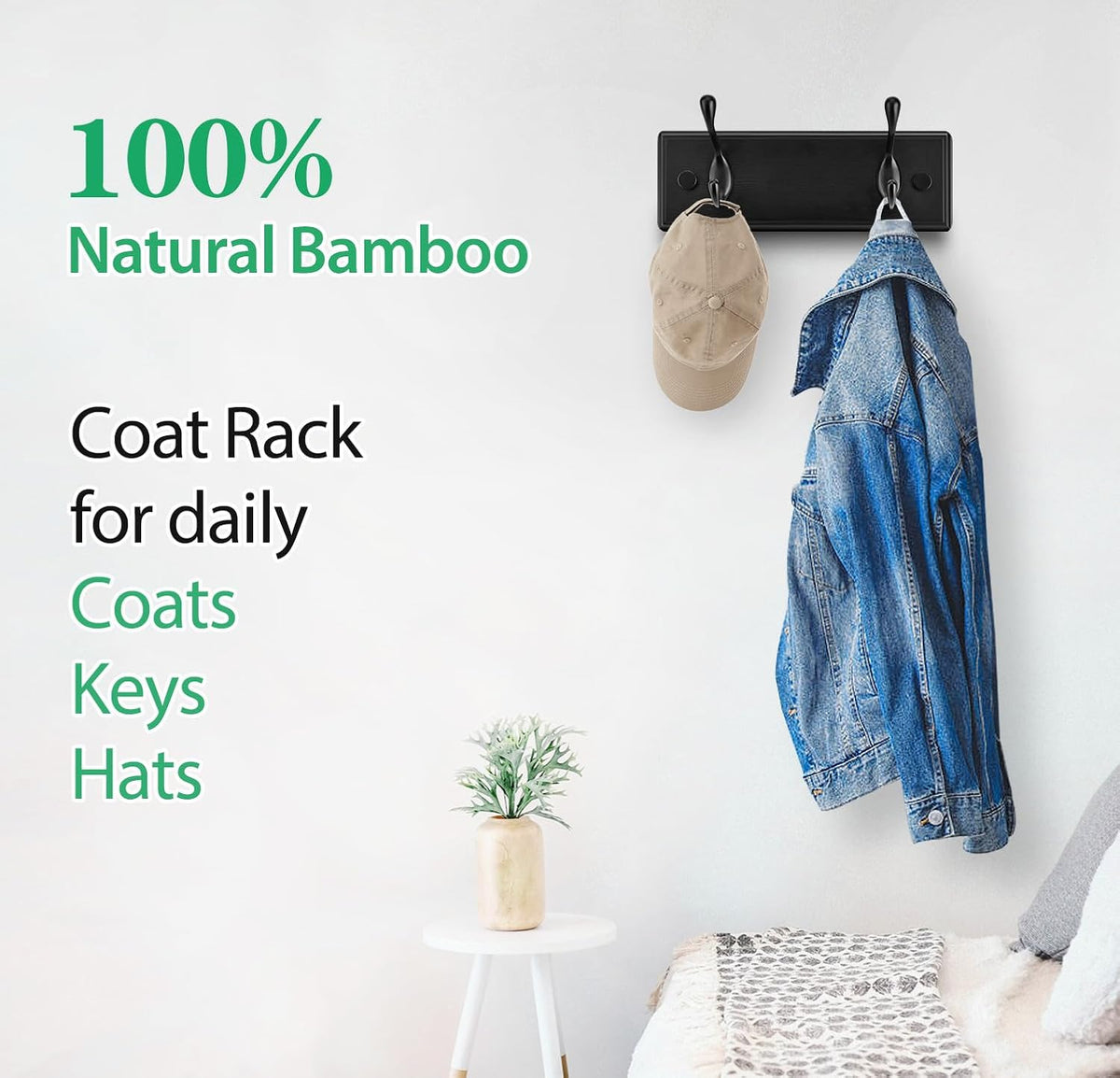 Badiano Heavy Duty Wooden Coat Rack, Wall-Mounted Organizer, 9 Inch, Black