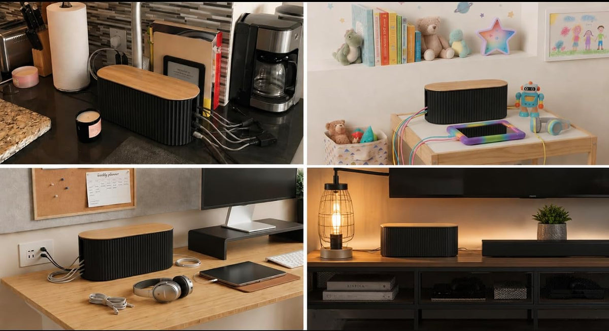 Cable Box Organizer - Bamboo Cable Management Box (13 x 5.12 x 4.3 in), Cord Hider Box for Power Strips and Desk Wire Management, Decorative Cable Organizer Box for Home and Office