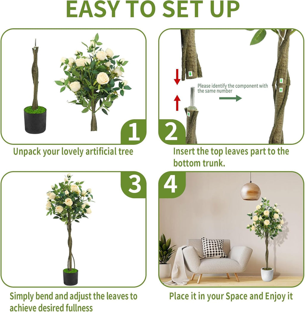 Artificial Rose Tree – Faux Plants Indoor 4FT, with Easy Assembly, Low Maintenance, Ideal for Home, Office, Outdoor Porch, Patio, Garden, Doorway, Living Room, New House Decor (Champagne)