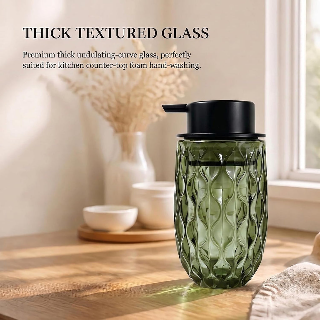 Foaming Hand Soap Dispenser, Green Wavy Glass Matte Black Pump Bath