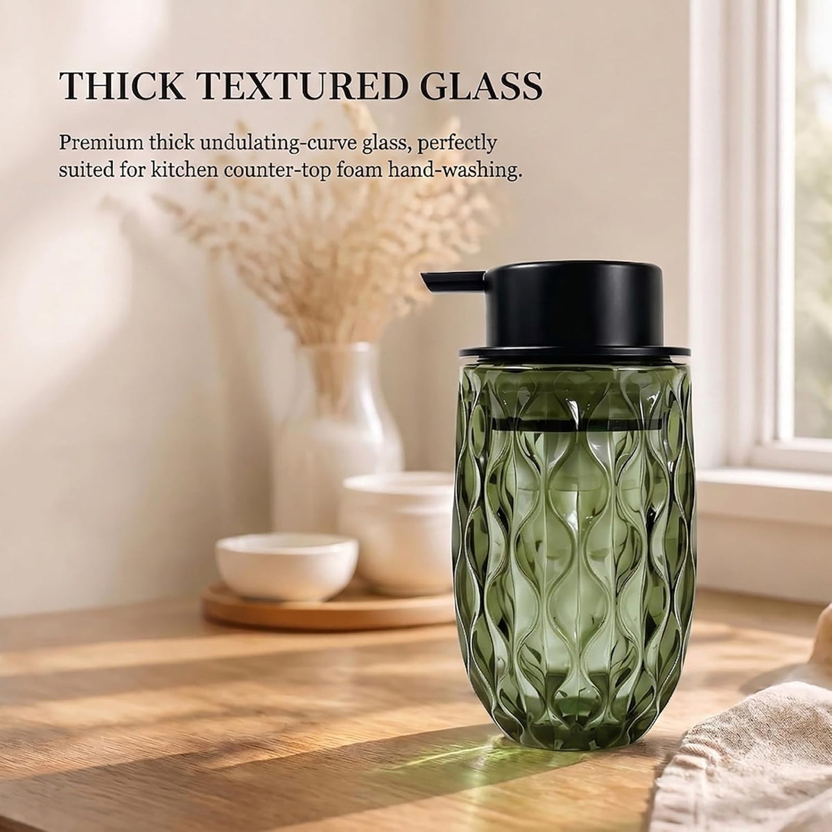 Foaming Hand Soap Dispenser, Green Wavy Glass Matte Black Pump Bath