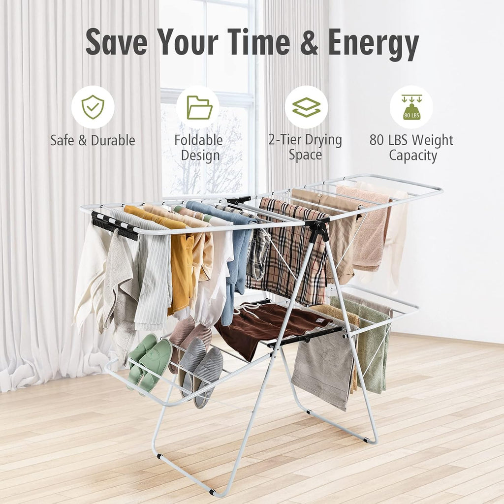 Nightcore 2-Layer Clothes Drying Rack, Aluminum Drying Rack with Adjustable Height, No Assembly Need, Compact Foldaway Gullwing Laundry Rack for Indoor Outdoor