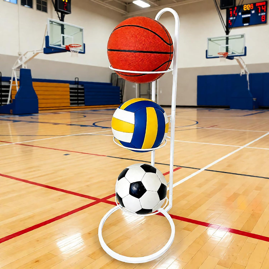 Ball Storage Rack, White Metal, 3-Tier Vertical Organizer for Basketball, Soccer, Volleyball, Sports Equipment Holder (3-Tier)