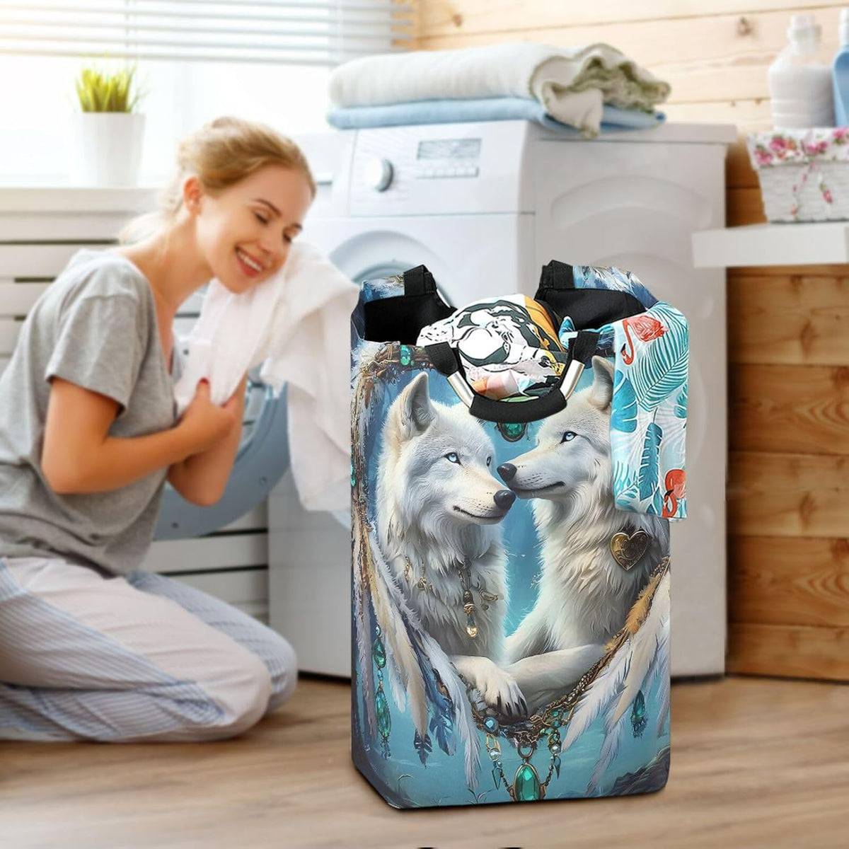 ALAZA Arctic Wolf Dreamcatcher Large Laundry Hamper Basket Laundry Bag Stylish Collapsible Oxford Cloth Home Storage Bin with Handles, 22.7 Inch