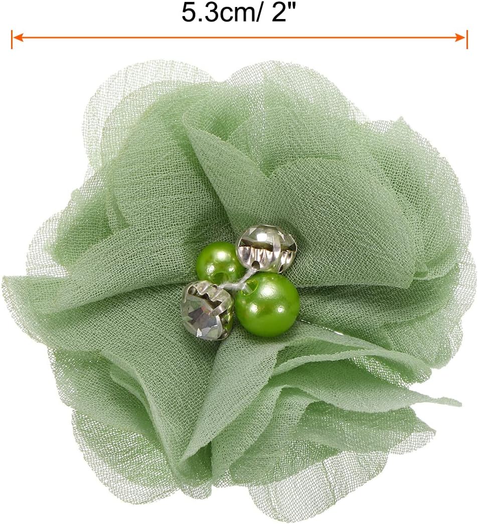 MECCANIXITY Artificial Rhinestone Chiffon Flower Heads, Light Green Faux Flowers 2 Inch for DIY Craft Wedding and Party Decoration Pack of 12