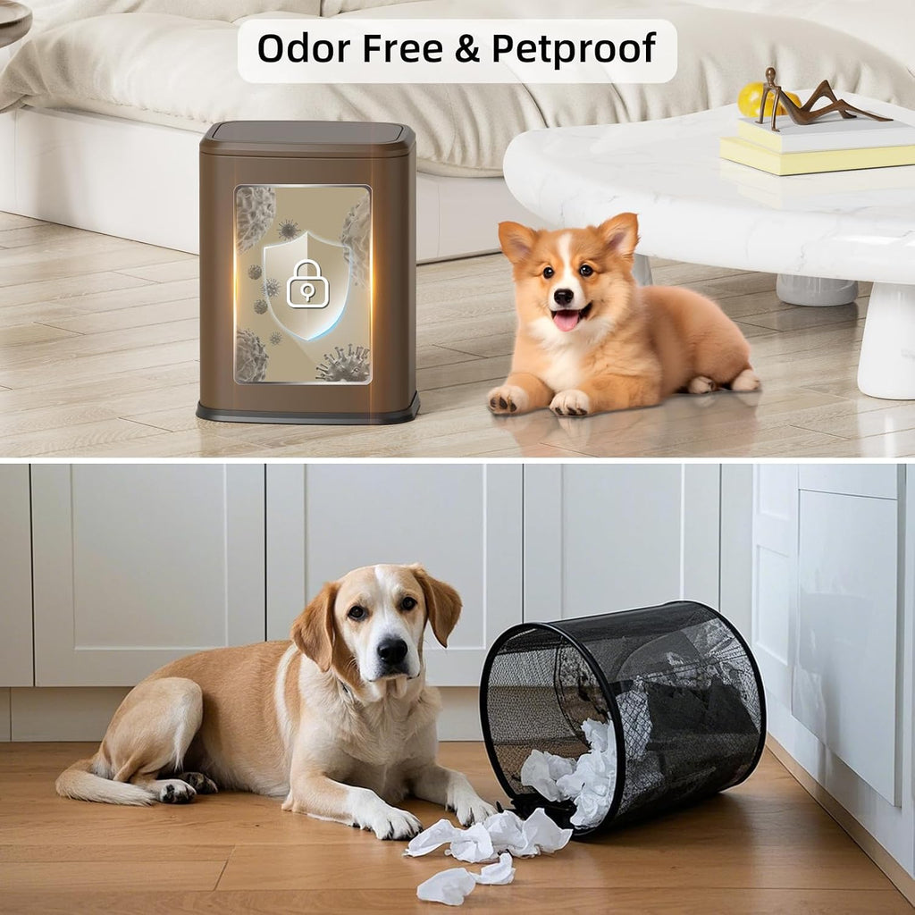 8L/2.1 Gallon Small Bathroom Trash Can with Lid, Swing-Top Rectangular Waste Bin, Stainless Steel Garbage Can for Home, Office, Toilet, Bedroom, Living-Room (Brown)