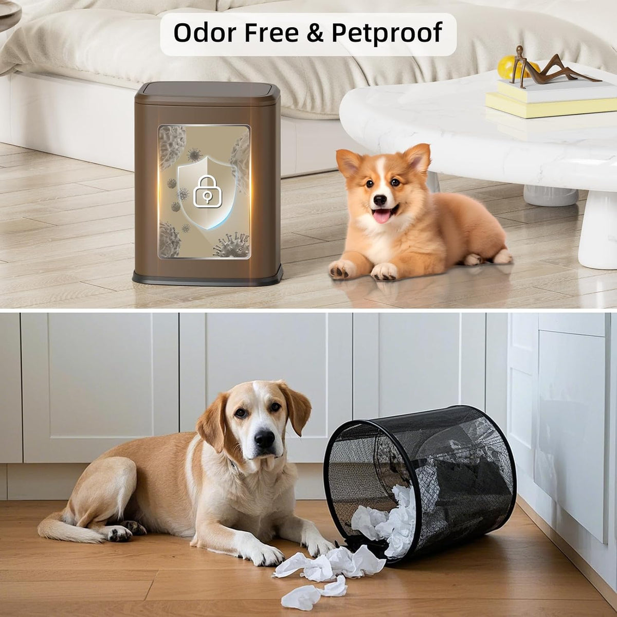 8L/2.1 Gallon Small Bathroom Trash Can with Lid, Swing-Top Rectangular Waste Bin, Stainless Steel Garbage Can for Home, Office, Toilet, Bedroom, Living-Room (Brown)