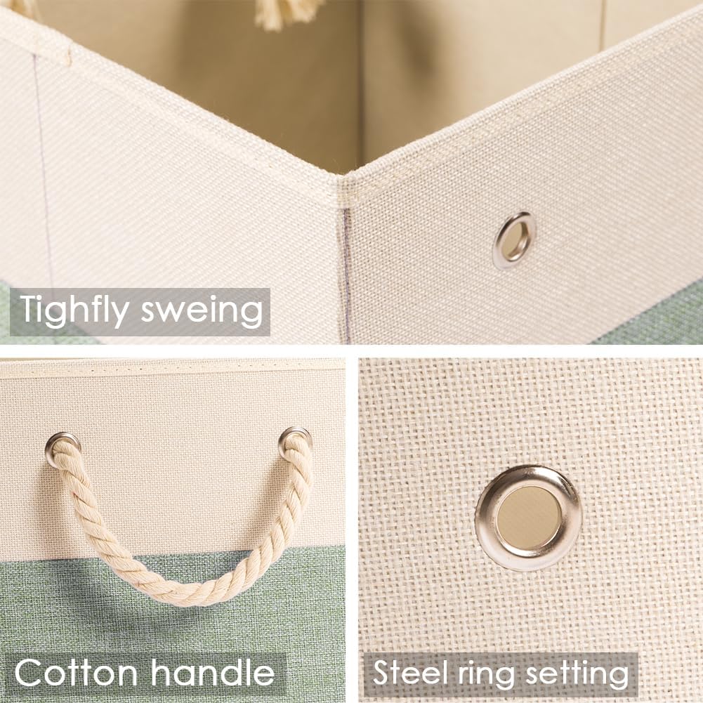 PRANDOM Large Foldable Cube Storage Bins 11x11 inch [4-Pack] Fabric Linen Storage Baskets Cubes Drawer with Cotton Handles Organizer for Shelves Nursery Closet Bedroom Beige/Green
