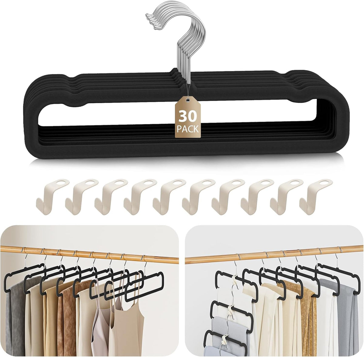 Velvet Felt Pants Hangers 30 Pack, with Cascading Hooks (Black)