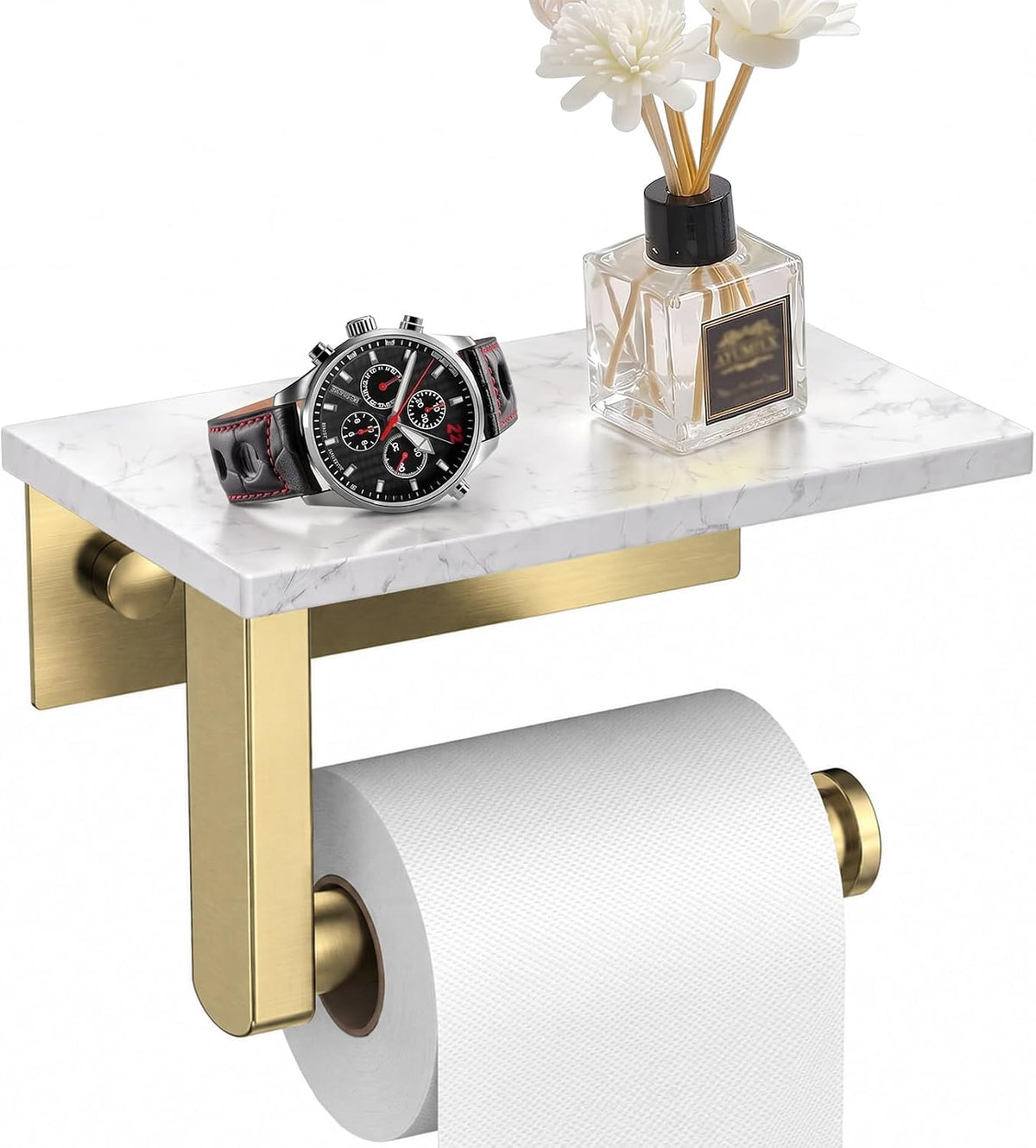 BWE Brushed Gold Toilet Paper Holder with Marble Shelf Wall Mounted