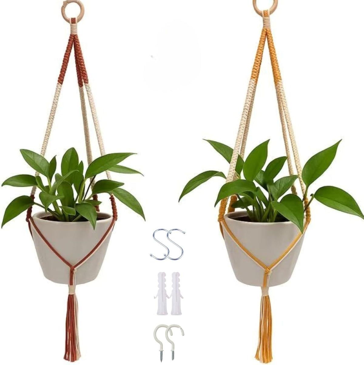 feedee 2 Pack Plant Hanger Indoor, Hanging Plant Holder, Macrame Plant Hangers, Handmade Boho Two-Tone Plant Hanger, Indoor Outdoor Flower Pots Holder, Home Décor Ivory (POTS NOT Included)