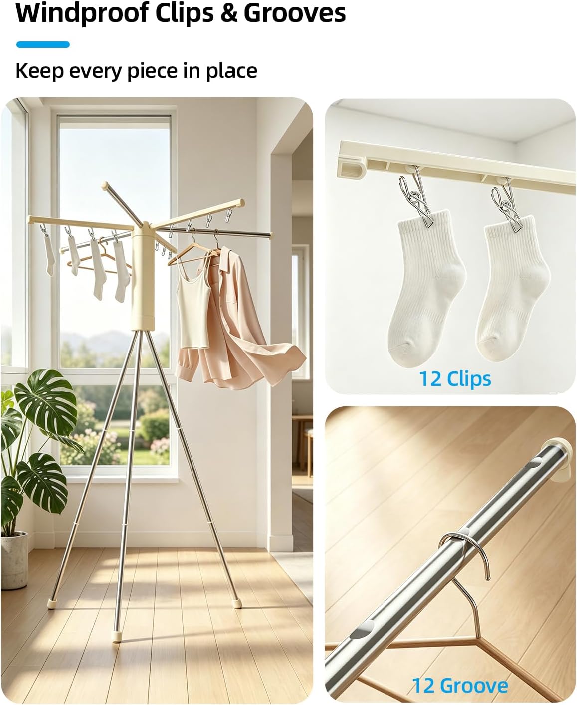 Foldable Tripod Clothes Drying Rack for Balcony, Hotel, Apartment, Bedroom