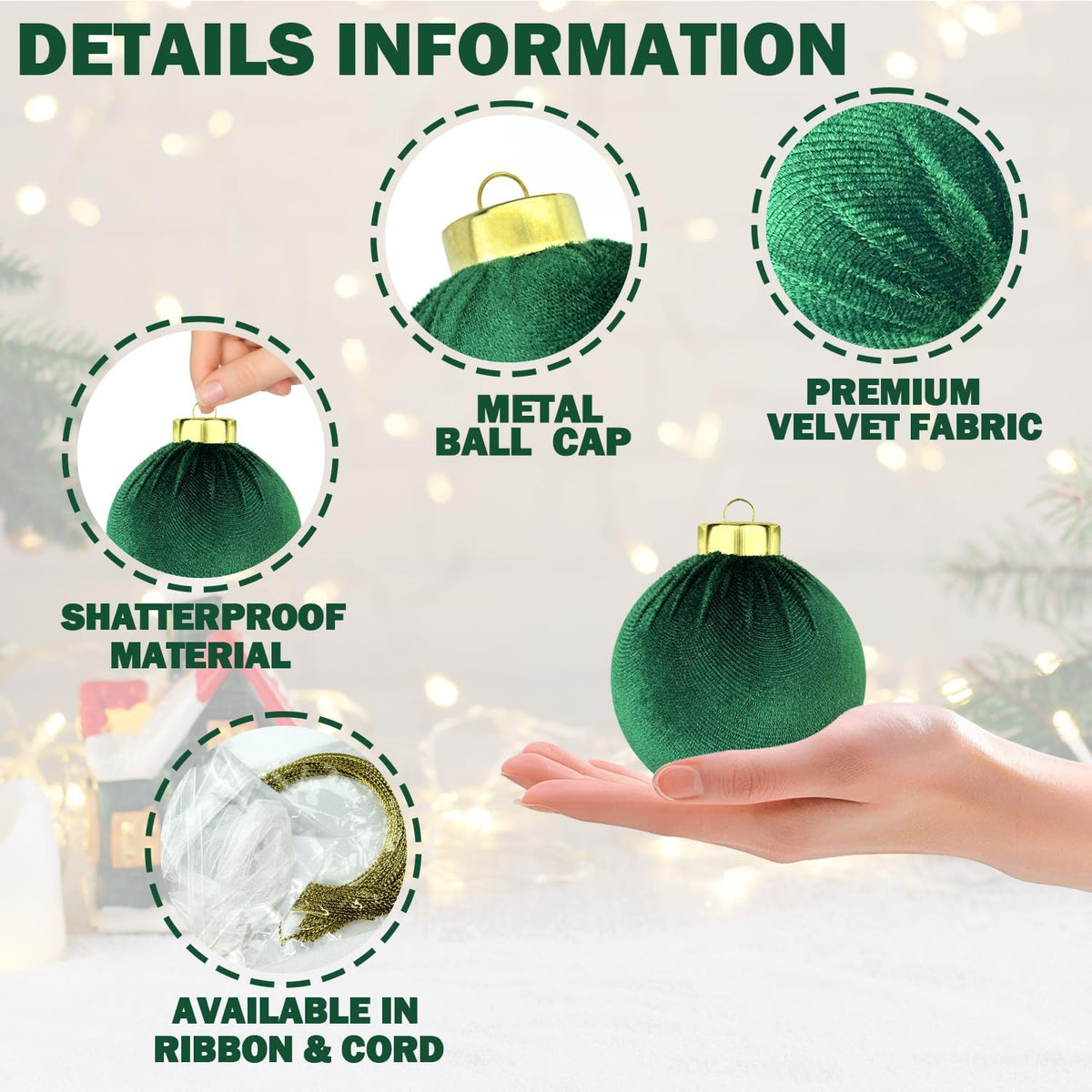 Green Velvet Balls Ornaments for Christmas Tree 15 PCS, 3.15 Inch Big Shatterproof Christmas Bulbs Ornaments Set-Decorative Hanging Baubles, Flocked Classic Decorations for Holiday(Emerald Green)
